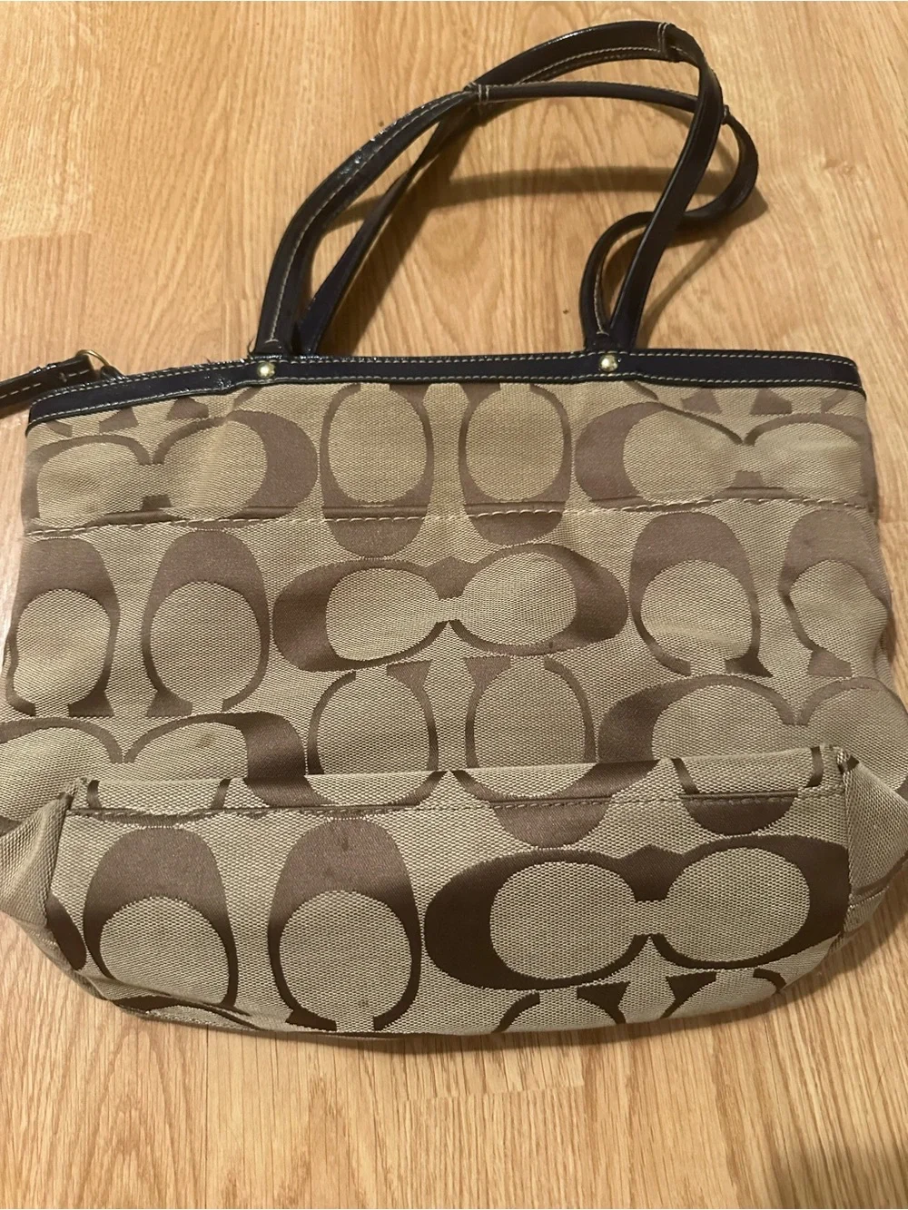 Coach Brown Signature Canvas Tote with Navy Center Stripe